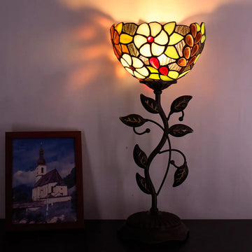 WERFACTORY Small Tiffany Table Lamp 8" Stained Glass Grape Style Shade 19" Tall Antique Vintage Metal Leaf Base Mini Bedside Accent Desk Torchiere Uplight